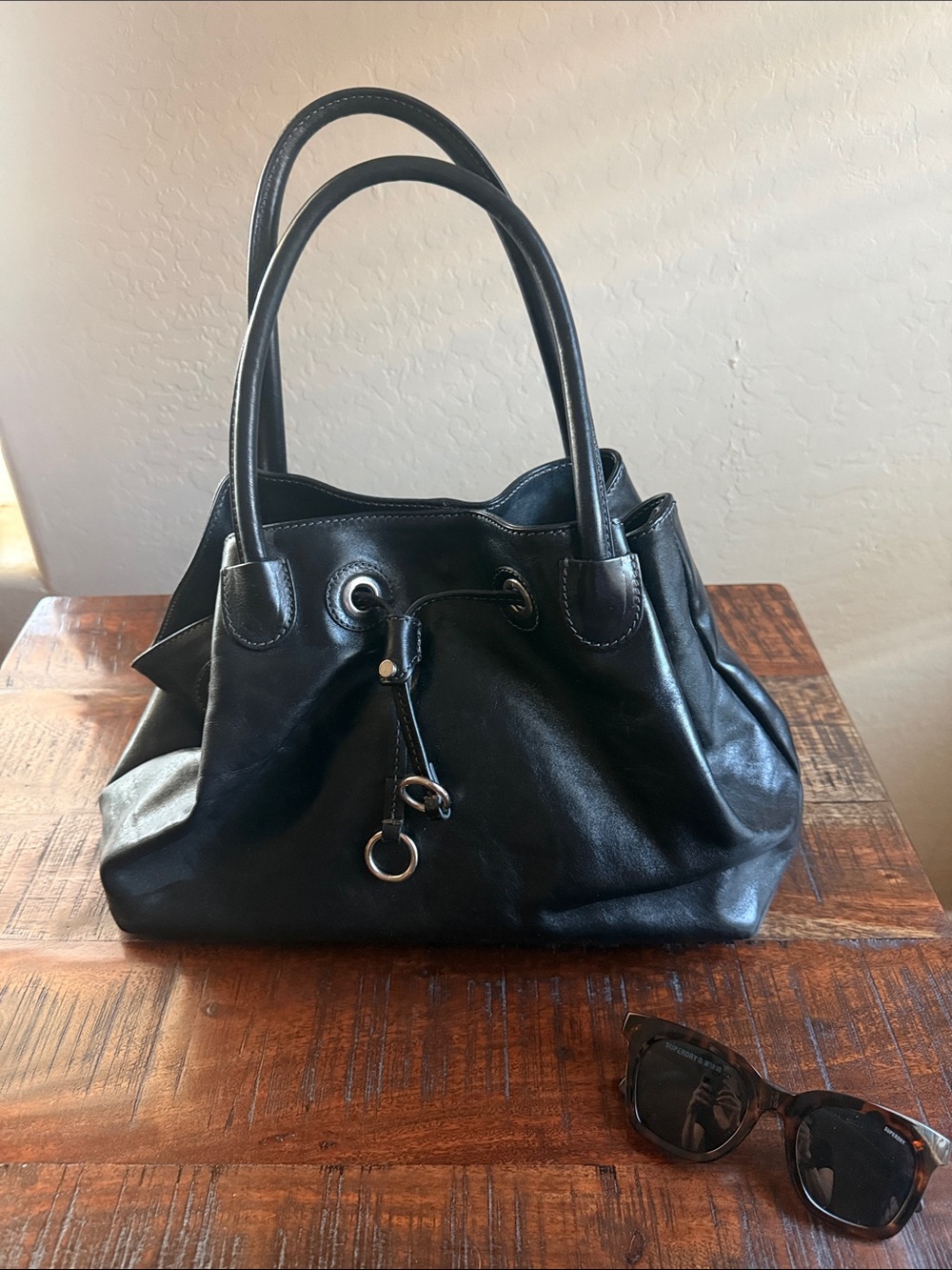 Floto Black Genuine Leather Milano Bucket Tote Bag